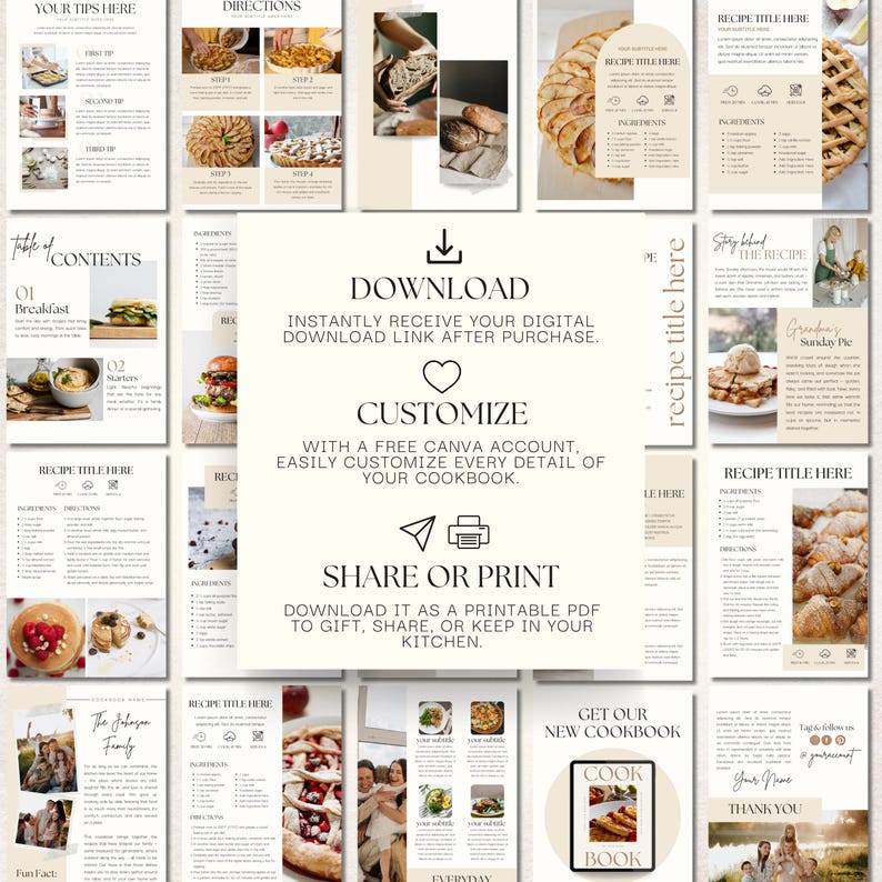 Printable Family Cookbook Template: Digital & Custom Recipe E-book (Homemade Printable Recipes, Canva)