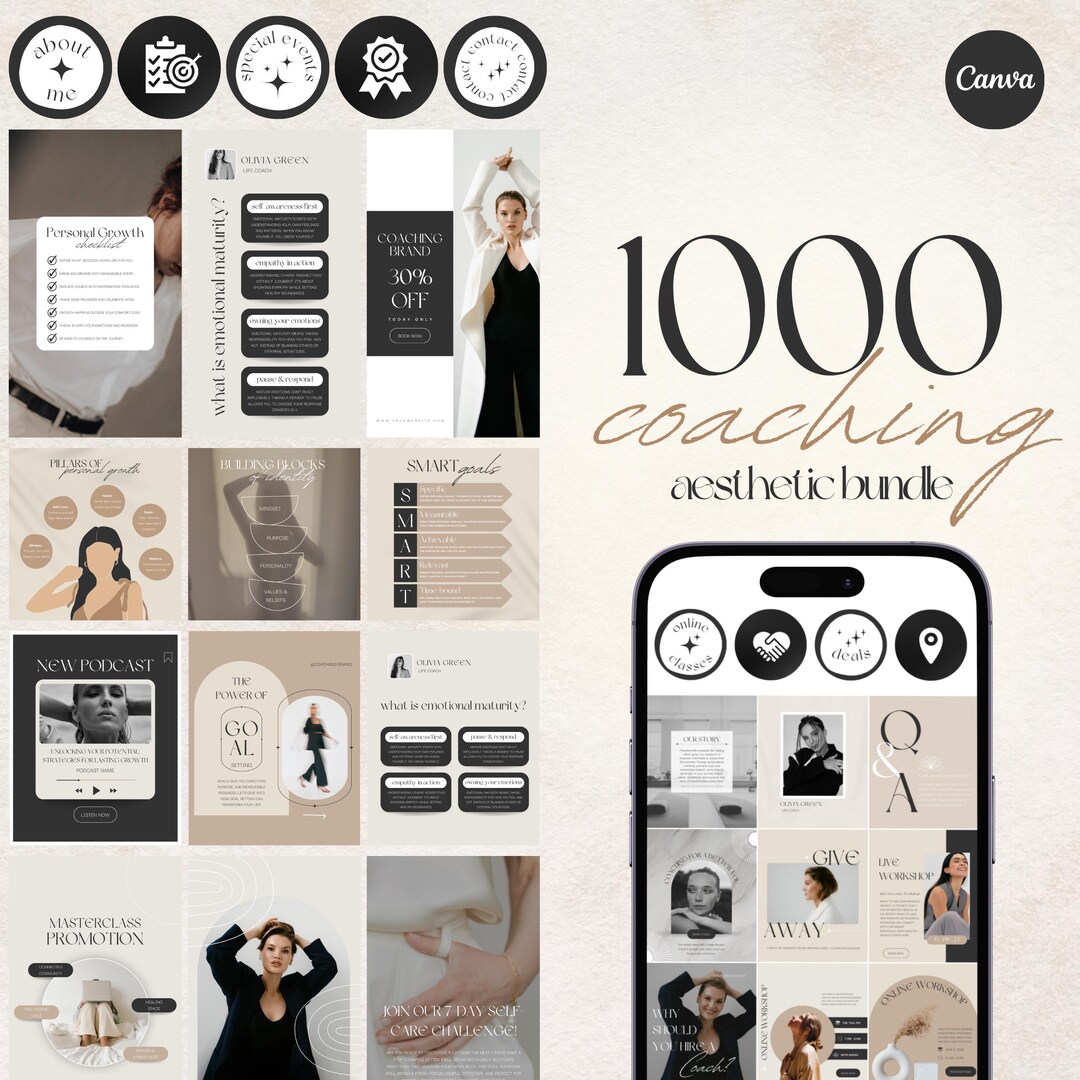 1000 Coaching Instagram Template Bundle: Life & Wellness Coach Social ...