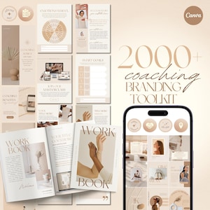 Puede incluir: Un kit de herramientas de branding con una paleta de colores neutros, que presenta plantillas para redes sociales, cuadernos de trabajo y materiales de coaching. La imagen incluye un teléfono que muestra iconos y publicaciones de redes sociales, con el texto "2000+ coaching BRANDING TOOLKIT."