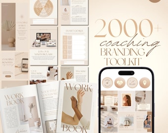 May include: A branding toolkit with a neutral color palette, featuring templates for social media, workbooks, and coaching materials. The image includes a phone displaying social media icons and posts, along with the text "2000+ coaching BRANDING TOOLKIT."