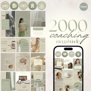 Pode incluir: Uma colagem de postagens de mídia social para um negócio de coaching. As postagens apresentam uma variedade de imagens e texto, incluindo uma mulher meditando, uma citação sobre respiração e uma lista de benefícios do coaching. O texto "2000 coaching mega bundle" é exibido em uma fonte grande no topo da imagem.