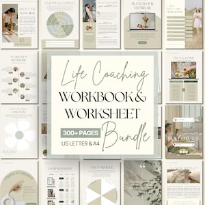 May include: A bundle of life coaching workbooks and worksheets in beige and white tones. The central image reads "Life Coaching WORKBOOK & WORKSHEET Bundle" with "300+ PAGES" and "US LETTER & A4" text. Various pages with text and graphics surround the central image.
