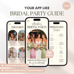 Puede incluir: Tres pantallas de teléfonos inteligentes que muestran una guía digital para la fiesta de bodas. Las pantallas muestran información sobre la fiesta, las damas de honor y una línea de tiempo. La guía incluye el texto "Amelia's Bridal Party" y "Bridesmaids Info for my favorite people."