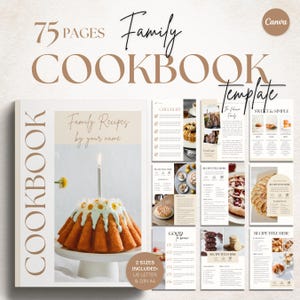 Può includere: Un modello di libro di cucina con il testo "Family Cookbook Template" e "Family Recipes by your name". La copertina presenta una torta con una candela accesa. Il modello include 75 pagine ed è disponibile nei formati US Letter e DIN A4.