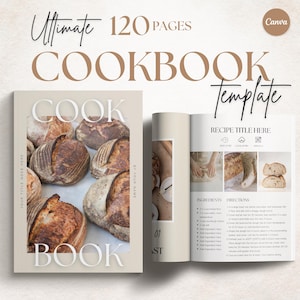 Puede incluir: Una plantilla de libro de cocina con una portada beige que muestra panes. La portada dice "COOK BOOK" y "Ultimate 120 PAGES COOKBOOK Template". El libro abierto muestra un diseño de receta con secciones de ingredientes e instrucciones.