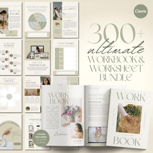 Puede incluir: Un paquete digital de cuadernos de trabajo y hojas de trabajo con una paleta de colores neutros. La portada presenta la palabra "WORKBOOK" y el texto "300+ Ultimate Workbook & Worksheet Bundle". La imagen incluye varias páginas.