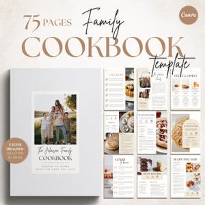 Puede incluir: Una plantilla de libro de cocina familiar blanca con el texto "Family Cookbook" y "75 Pages". La portada presenta una foto familiar y el texto "The Johnson Family Cookbook". Incluye tamaños US Letter y DIN A4.