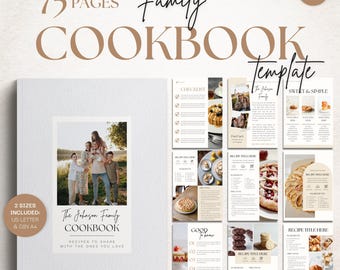 May include: A white family cookbook template with the text "Family Cookbook" and "75 Pages". The cover features a family photo and the text "The Johnson Family Cookbook". Includes US Letter and DIN A4 sizes.