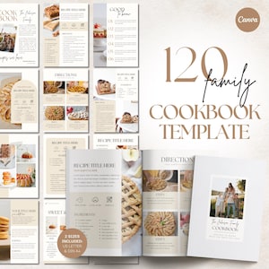 May include: A cookbook template with a white cover featuring a family photo and the text "The Johnson Family Cookbook." The template includes recipe pages with images of food, ingredients, and directions. The text "120 family cookbook template" is also visible.