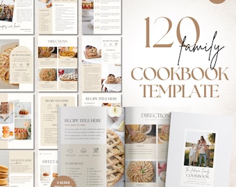 May include: A cookbook template with a white cover featuring a family photo and the text "The Johnson Family Cookbook." The template includes recipe pages with images of food, ingredients, and directions. The text "120 family cookbook template" is also visible.