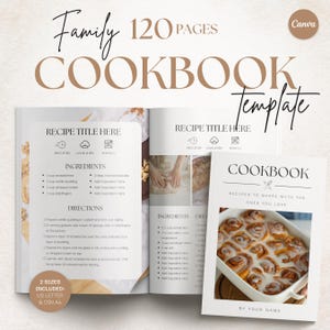 May include: A cookbook template in beige and white, featuring the text "Family Cookbook Template" and "120 Pages." The interior pages display recipe layouts with sections for ingredients and instructions. The template is available in two sizes: US Letter and DIN A4.