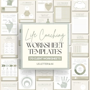 May include: A collection of beige and white life coaching worksheet templates. The central title reads "Life Coaching WORKSHEET TEMPLATES" with "170 CLIENT WORKSHEETS" and "US LETTER & A4" below. Various worksheets include "The Anxiety Iceberg" and "Habit Tracker".