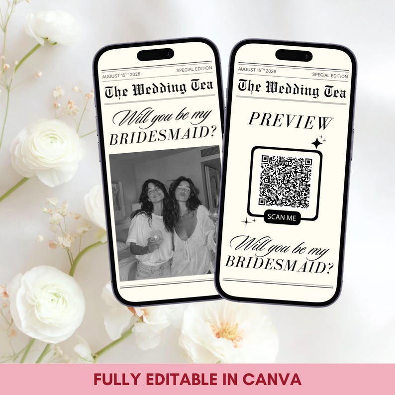 Bridesmaid Newspaper Video Proposal: Personalized Video Invitation Template, Maid of Honor Invite (Canva)