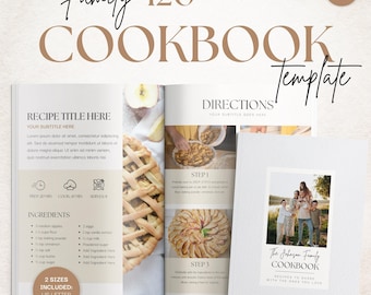 Könnte beinhalten: Eine Kochbuchvorlage mit dem Titel "Family Cookbook" und dem Text "120 Seiten". Das offene Buch zeigt Rezeptseiten mit Zutaten und Anweisungen. Das Cover zeigt ein Familienfoto und den Text "Recipes to Share with the Ones You Love."