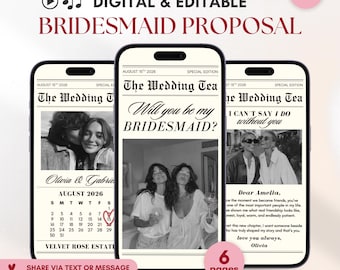 Proposition de vidéo dans un journal pour les demoiselles d'honneur : modèle d'invitation vidéo personnalisé, invitation de demoiselle d'honneur (Canva)