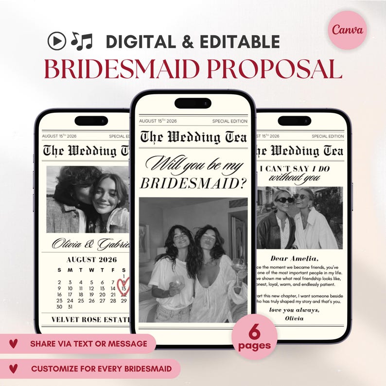 Bridesmaid Newspaper Video Proposal: Personalized Video Invitation Template, Maid of Honor Invite (Canva)