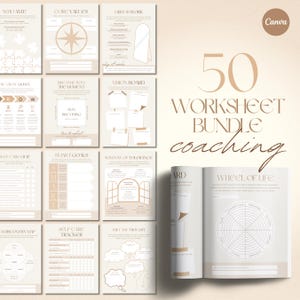 May include: A bundle of 50 coaching worksheets with a neutral color palette. The pages include prompts for self-reflection, goal setting, and vision boards. The text "50 Worksheet Bundle Coaching" is displayed in a decorative font.