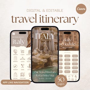 Modelo de itinerário de viagem digital, guia de viagem para a Itália para dispositivos móveis, planejador de viagens Canva, marketing para agentes de viagens, planejador de férias, organizador de férias