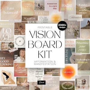 May include: A printable vision board kit with affirmation and manifestation themes. The design features various inspirational quotes and images, including the text "2000+ designs". The color palette includes beige, white, and orange.