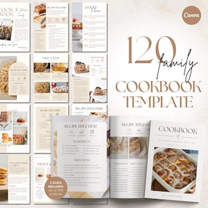 May include: A cookbook template in beige and white, featuring the text "120 family cookbook template." The recipe pages display "Recipe Title Here," "Ingredients," and "Directions." The template offers US Letter and DIN A4 sizes for the cookbook.