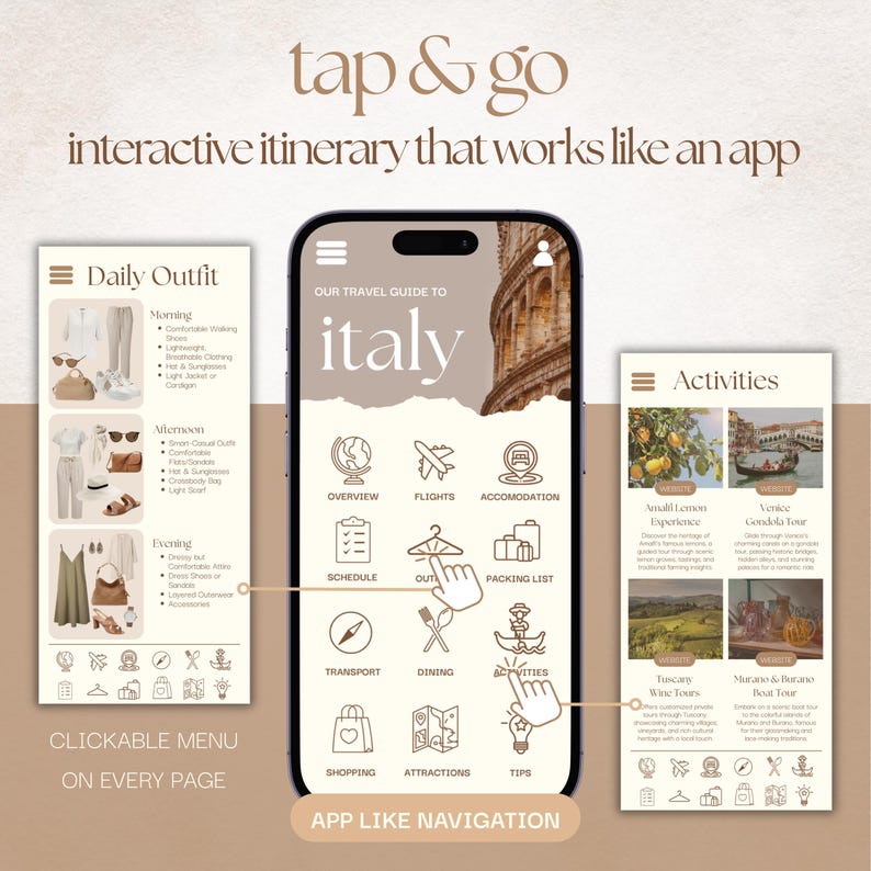 Travel Itinerary Template, Mobile Italy Travel Guide, Canva Trip Planner, Travel Agent Itinerary, Holiday Honeymoon Planner, Vacation Guide