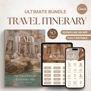 Può includere: Un pacchetto di itinerari di viaggio per l'Italia, presentato come mockup di libro, tablet e smartphone. La copertina del libro mostra una foto di una fontana con "ITALY". I dispositivi digitali mostrano un programma giornaliero e una guida di viaggio. Il testo include "ULTIMATE BUNDLE" e "FULLY EDITABLE".