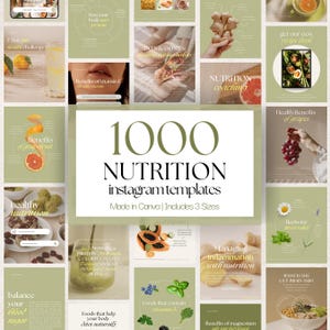以下が含まれることがあります： 栄養をテーマにしたInstagramテンプレートのコレクション。レシピ、ビタミンの利点、健康的な食習慣など、さまざまな健康とウェルネスのトピックを扱っています。画像には「1000 Nutrition Instagram Templates」と書かれています。