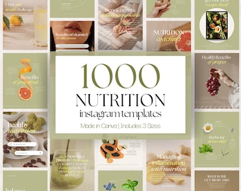 May include: A collection of Instagram templates with a nutrition theme. The templates feature various health and wellness topics, including recipes, benefits of vitamins, and healthy eating habits. The text on the image reads "1000 Nutrition Instagram Templates".