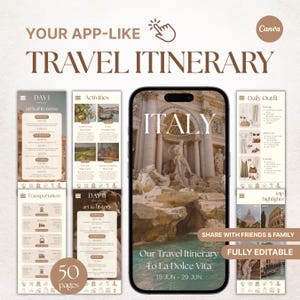 Può includere: Un modello digitale di itinerario di viaggio su uno schermo di smartphone, che mostra un viaggio in Italia. Il design include sezioni per le attività quotidiane, gli outfit e i trasporti, con il testo "Your App-Like Travel Itinerary" e "Fully Editable". L'itinerario copre le date dal 15 al 29 giugno.