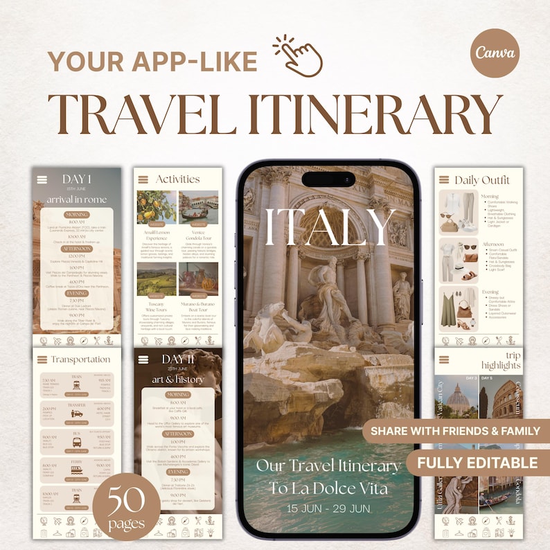 Travel Itinerary Template: Mobile Travel Planner & Trip Schedule (canva ...