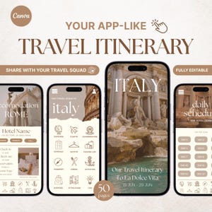 Peut inclure: Quatre smartphones affichant une application d'itinéraire de voyage numérique. L'application, sur le thème de l'Italie, comprend des sections pour l'hébergement, les vols et les programmes quotidiens. L'interface est dans des tons beiges et bruns, avec le mot "Italie".