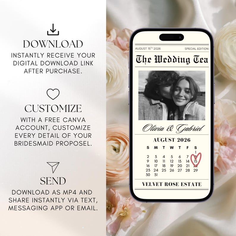 Bridesmaid Newspaper Video Proposal: Personalized Video Invitation Template, Maid of Honor Invite (Canva)