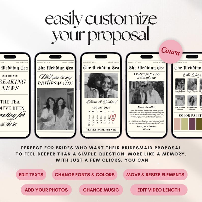 Bridesmaid Newspaper Video Proposal: Personalized Video Invitation Template, Maid of Honor Invite (Canva)