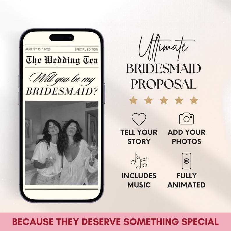 Bridesmaid Newspaper Video Proposal: Personalized Video Invitation Template, Maid of Honor Invite (Canva)
