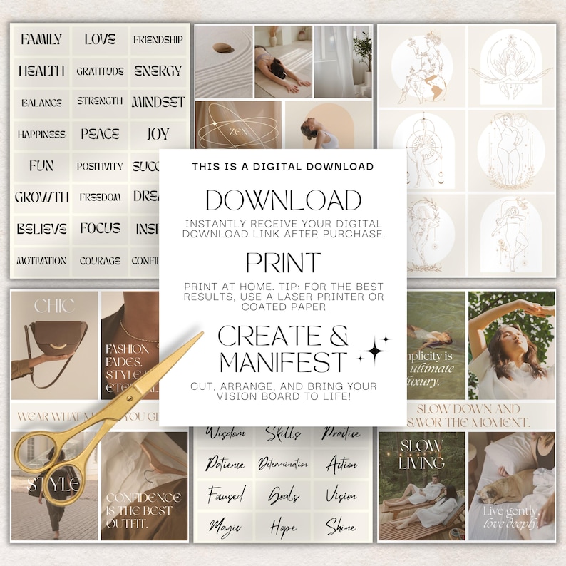 Vision Board Kit: Printable Goal Setting and Manifestation Planner (Affirmations, Words & Positive Quotes)