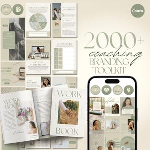 Puede incluir: Un kit de herramientas de branding digital con una paleta de colores neutros. La imagen incluye maquetas de un cuaderno de trabajo, plantillas de redes sociales y otros materiales de marketing. El texto incluye "2000+ coaching branding toolkit".