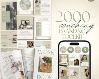 Könnte beinhalten: Ein digitales Branding-Toolkit mit einer neutralen Farbpalette. Das Bild zeigt Mockups eines Arbeitsbuchs, Social-Media-Vorlagen und andere Marketingmaterialien. Der Text enthält "2000+ Coaching Branding Toolkit", "Work Book" und "Join our Masterclass".
