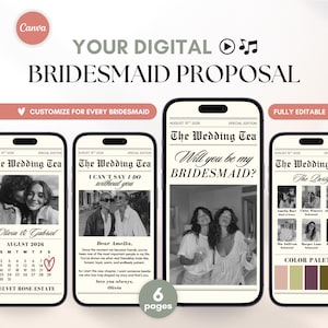 May include: Digital bridesmaid proposal template with a newspaper theme. The design includes multiple phone screens with text like "The Wedding Tea" and "Will you be my Bridesmaid?" The color palette is neutral with accents of pink and green.