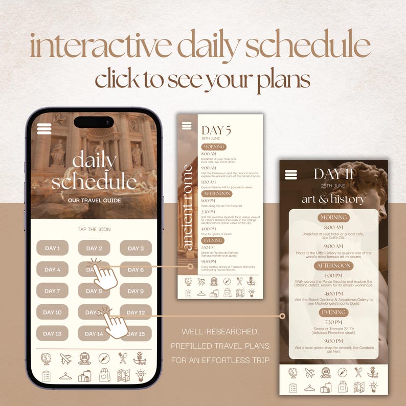 Travel Itinerary Template, Mobile Italy Travel Guide, Canva Trip Planner, Travel Agent Itinerary, Holiday Honeymoon Planner, Vacation Guide