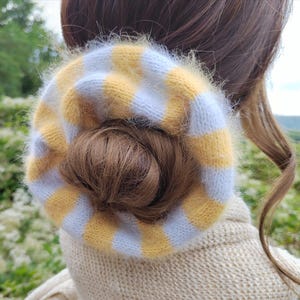 Knitted Large Striped Wool Scrunchie, Blue and Yellow Angora Oversized Knit Scrunchie, Hand Knit Scrunchie, XXL Scrunchie with Stripes