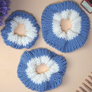 Ultra Soft Scrunchie Set 3 Sizes Blue and White, Merino Wool Scrunchie, Blue and White Scrunchie Knitted by Hand, Cute Handmade Scrunchie