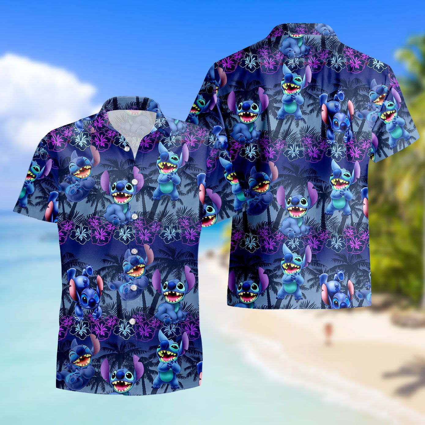 Stitch Blue Floral Hawaiian Shirt