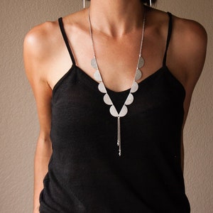 Long length silver lariat Y necklace, streamlined design of half moon lunar shapes and dangle sterling beads - "Silver Elara Necklace "