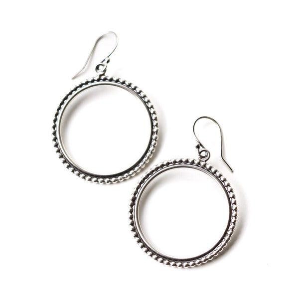 Modern silver hoops, striking and edgy design of two circles of beaded and plain wire oxidized to highlight the contrast - "Relic Circles"