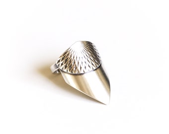 Unique silver ring handmade of recycled sterling silver in an arrow wing shape overlayed with intricately embossed pattern - "Freya Ring"