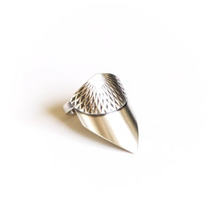 Unique silver ring handmade of recycled sterling silver in an arrow wing shape overlayed with intricately embossed pattern - "Freya Ring"