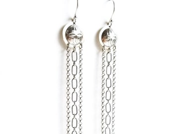 Long statement sterling silver earrings, playful fringe chain paired with an eye-catching patterned and domed circle - "Token Dangles"