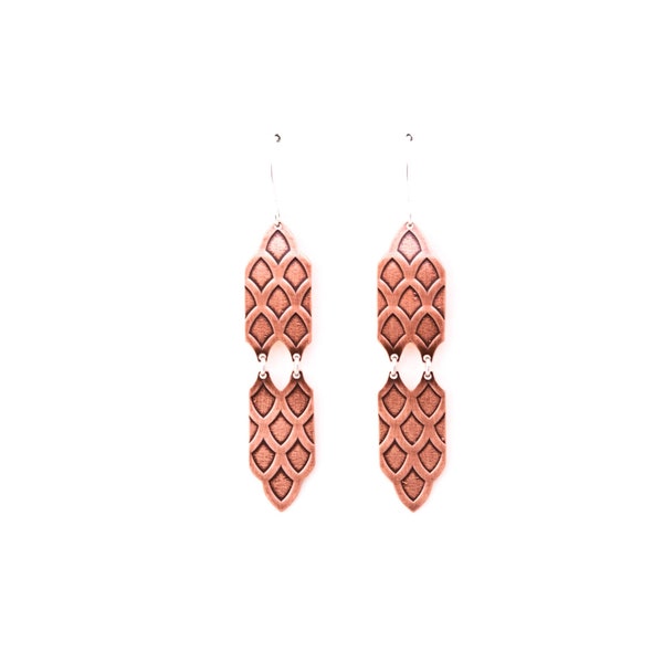 Unique cultural copper earrings inspired by old-world ethnic Moroccan design and architecture, distinctive dangles - "Copper Amira Earrings"