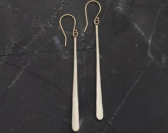 Long gold dangle earrings handmade of solid 14K yellow gold hammered into an organic whimsical stem-like design - "Gold Stems Earrings"