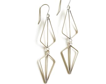 Long modern silver earrings of mirrored geometric dangling shapes, fun design with a striking visual appearance - "Double Kite Earrings"